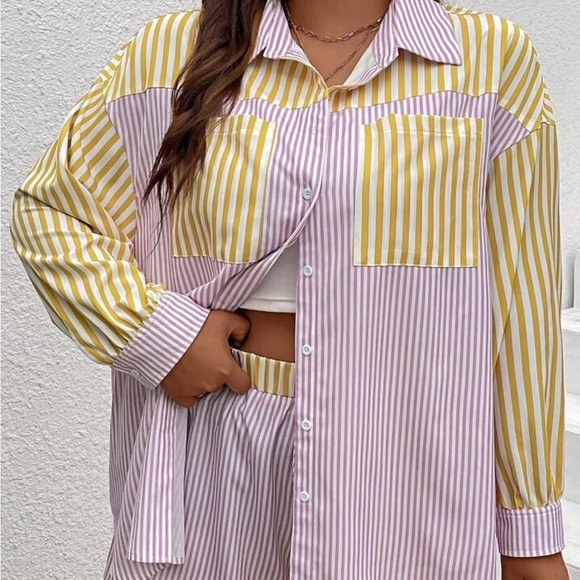 Pants - Striped Yellow and Pink Shirt and Shorts Set